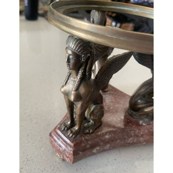 Winged Sphinx Egyptian Bronze Brass Statue Rare Marble Candle Holder Sculpture - Picture 11 of 16